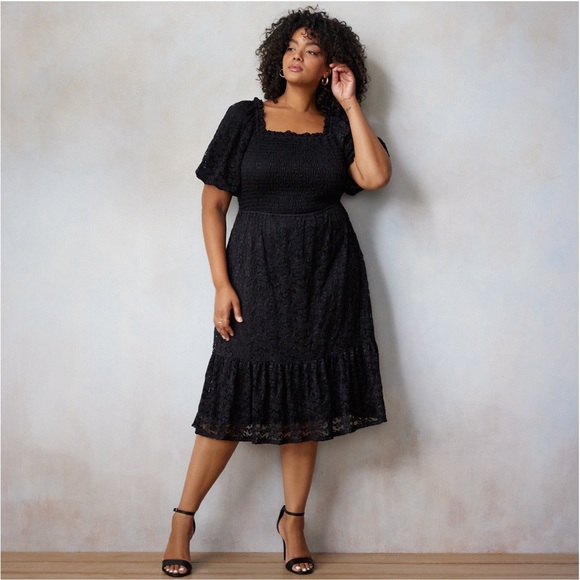 NWT LC Lauren Conrad full black balloon sleeve smocked midi dress size 4X - Picture 1 of 8